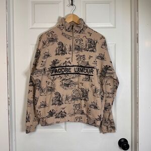 Ellandemm J'Adore L'Amour‎ Tiger Toile Quarter Zip Sweatshirt Tan Black SM